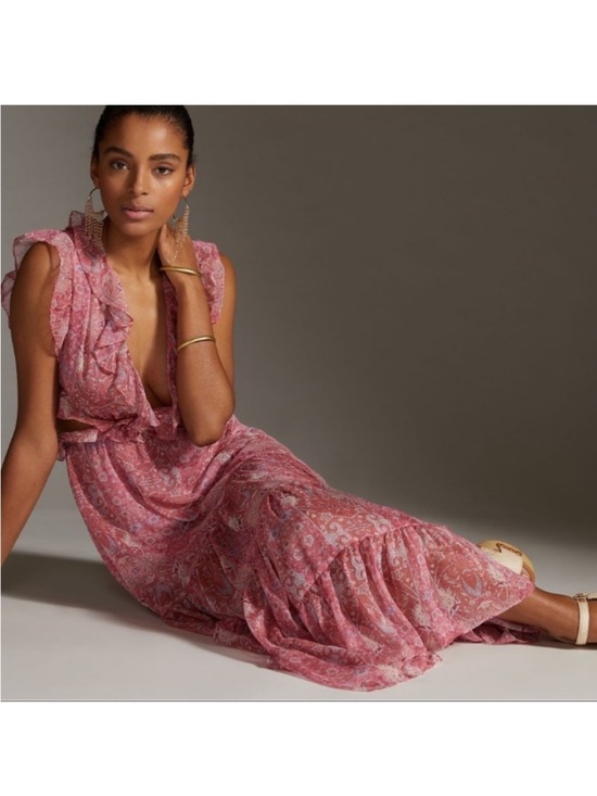 Misa Los Angeles Dresses & Skirts - NEW Misa Los Angeles Natasha Side Cutouts Pink Paisley Ruffle Midi Dress Size S